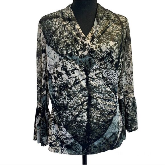 MELANIE Lyne Olive green ivory black multicoloured abstract wrap blouse Sz S - Picture 1 of 11
